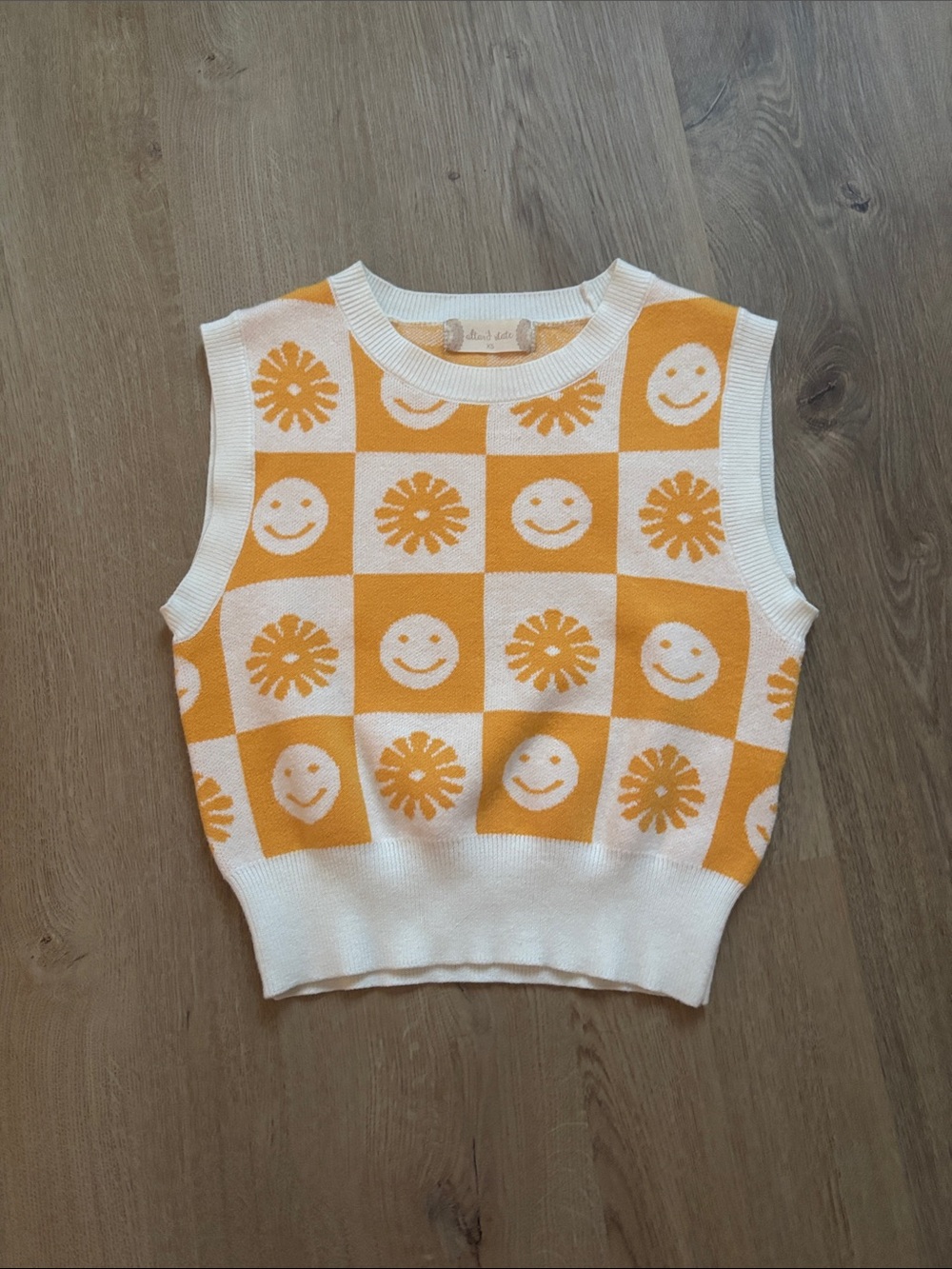 Altar'd State White and Yellow Checker Smiley Knit Vest